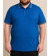 Thumbnail Model wearing bright blue tipped polo shirt, front view.